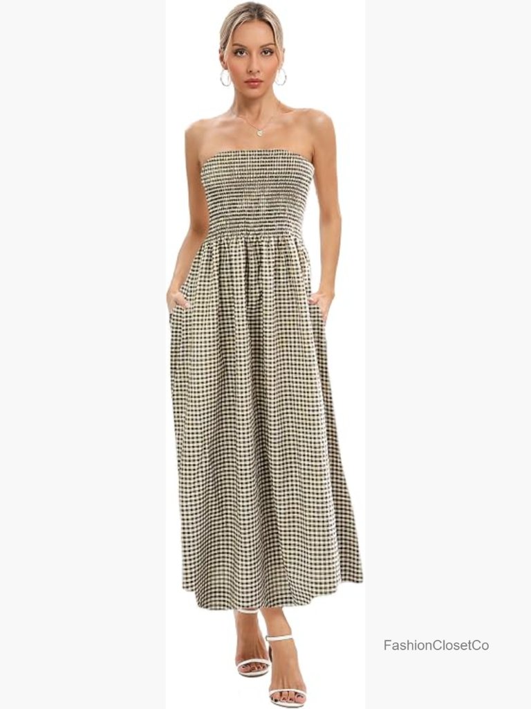 Strapless Maxi Dress With Pockets Smocked Bodice Boho Summer
